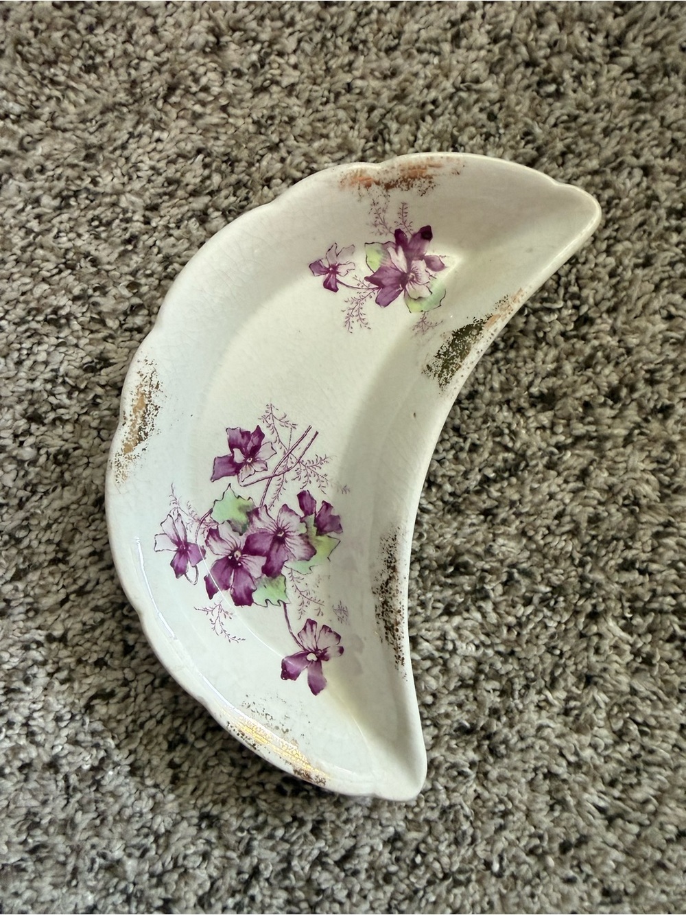 Hand-Painted Crescent Bone Dish with Purple Floral Design